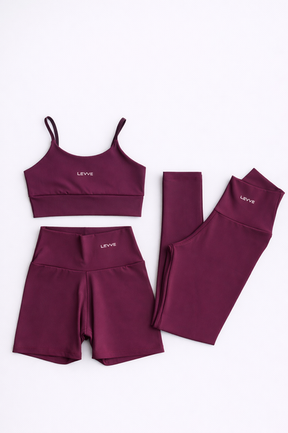 Fitness Set Double-Strap Sports Bra + Leggings + Short Intense – Malbec