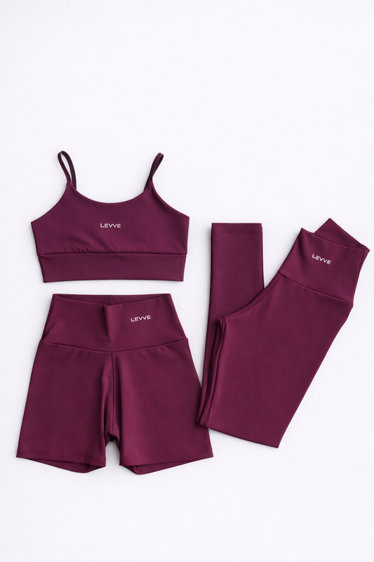 Fitness Set Double-Strap Sports Bra + Leggings + Short Intense – Malbec