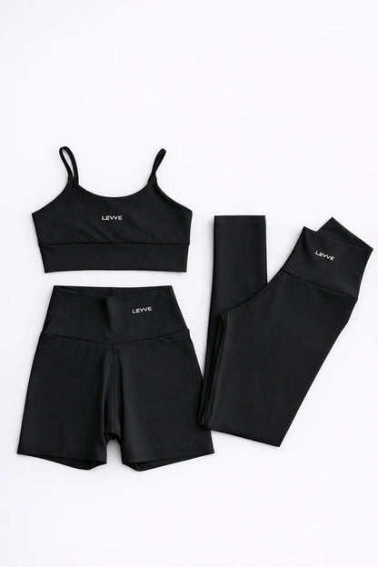 Fitness Set Double-Strap Sports Bra + Leggings + Short Intense – Black