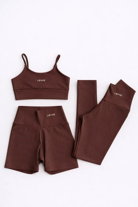 Fitness Set Double-Strap Sports Bra + Leggings + Short Intense – Leather