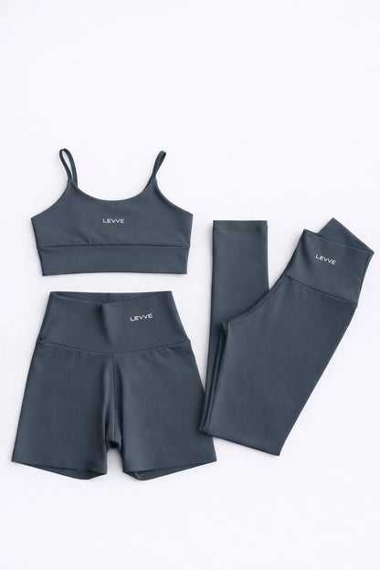 Fitness Set Double-Strap Sports Bra + Leggings + Short Intense – Graphite