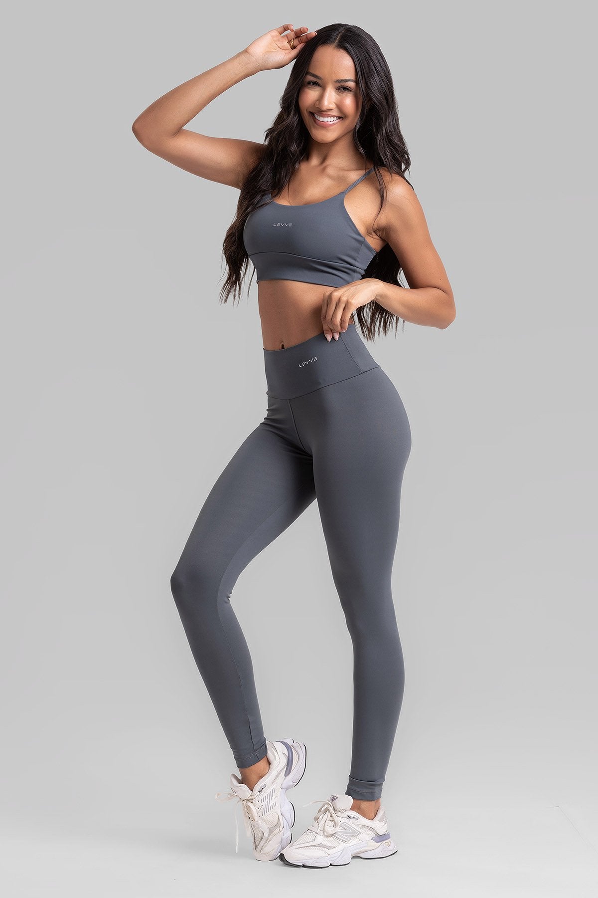 Fitness Set Double-Strap Sports Bra + Leggings + Short Intense – Graphite